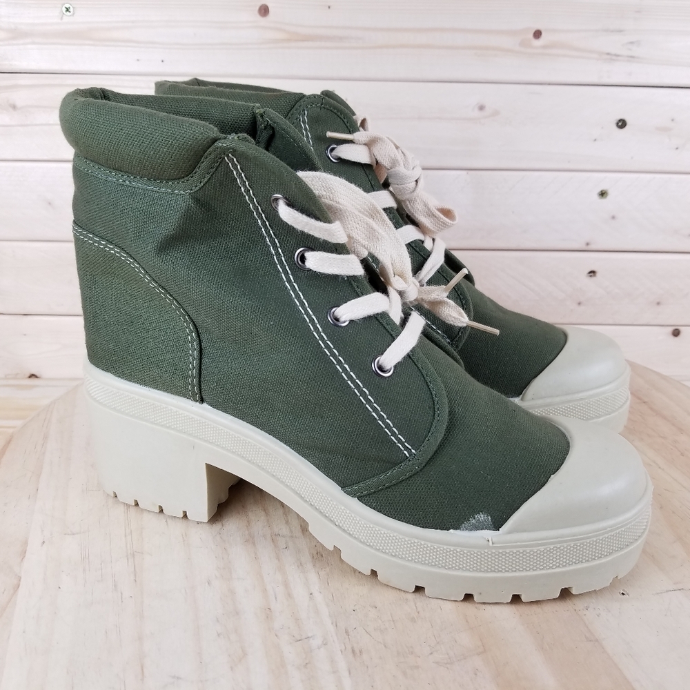 NEW CL Block Heel Army Green Combat Military Canvas Moto Biker Ankle Boot Bootie